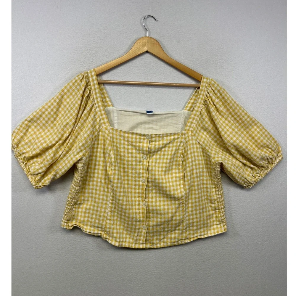 Cottagecore Old Navy Womens 2X Yellow Gingham Puff Sleeve Square Neck Crop Top